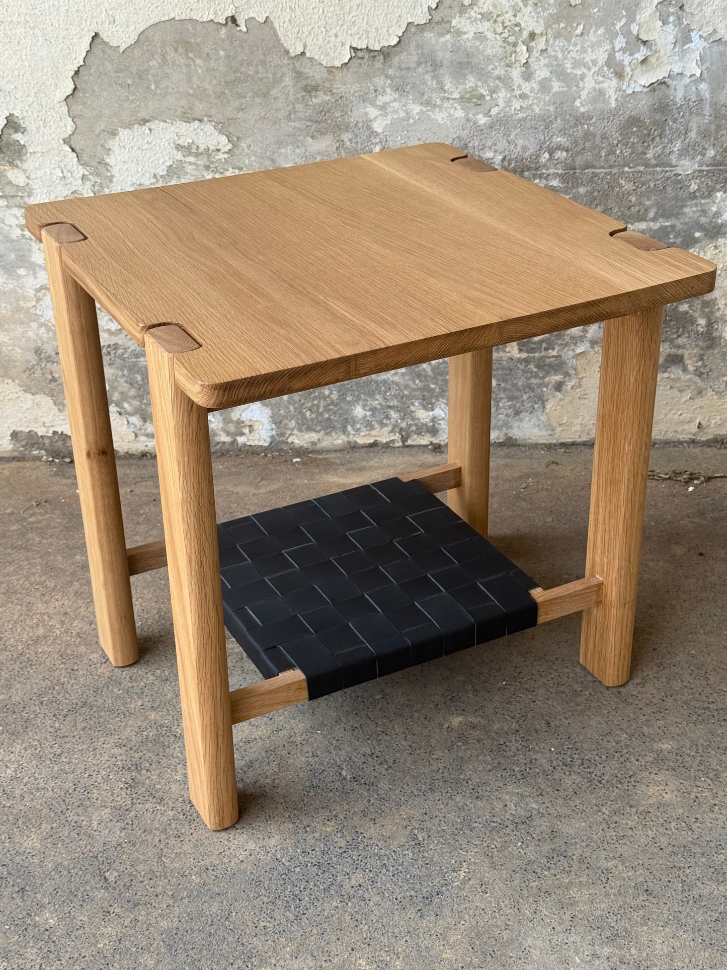 The Milli End Table in White Oak with Leather Shelf