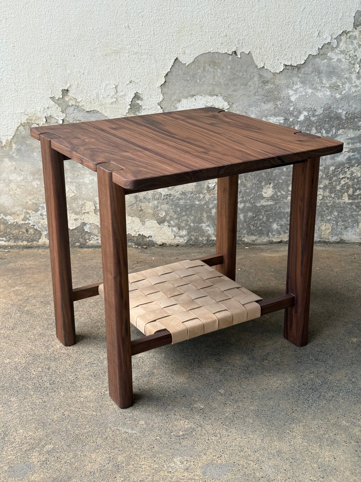 The Milli End Table in Walnut with Leather Shelf