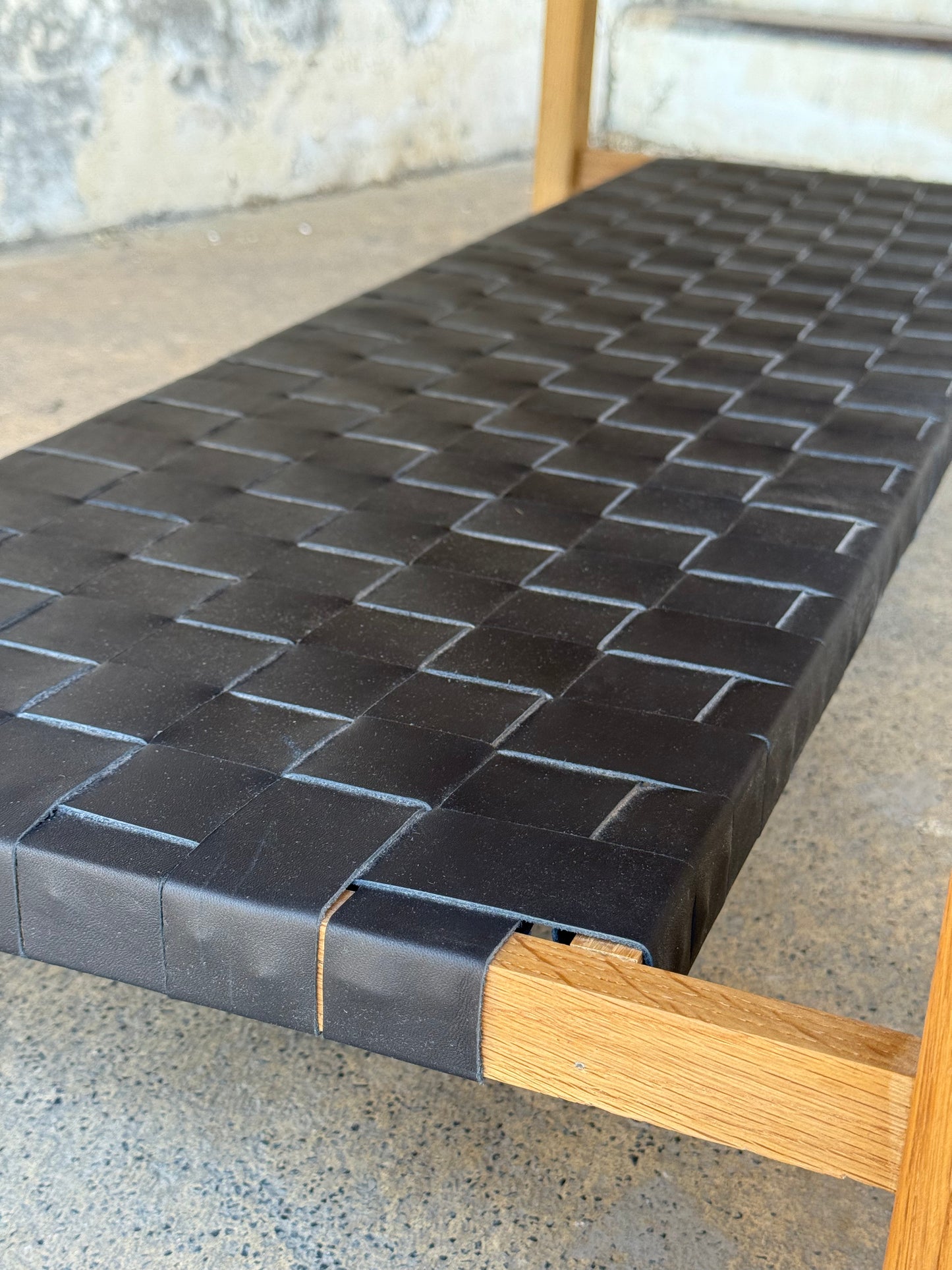 The Milli Coffee Table in White Oak with Leather Shelf (Ready to Ship)