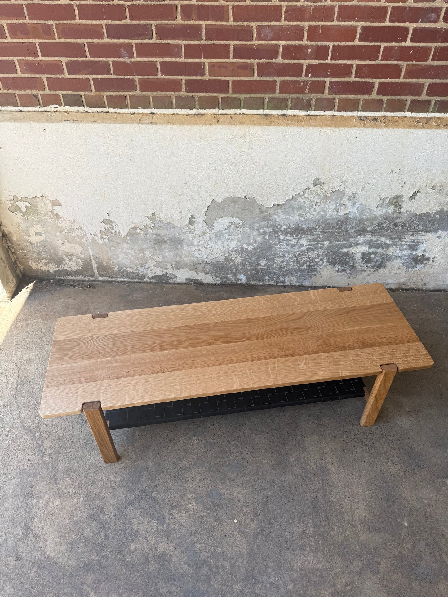 The Milli Coffee Table in White Oak with Leather Shelf (Ready to Ship)