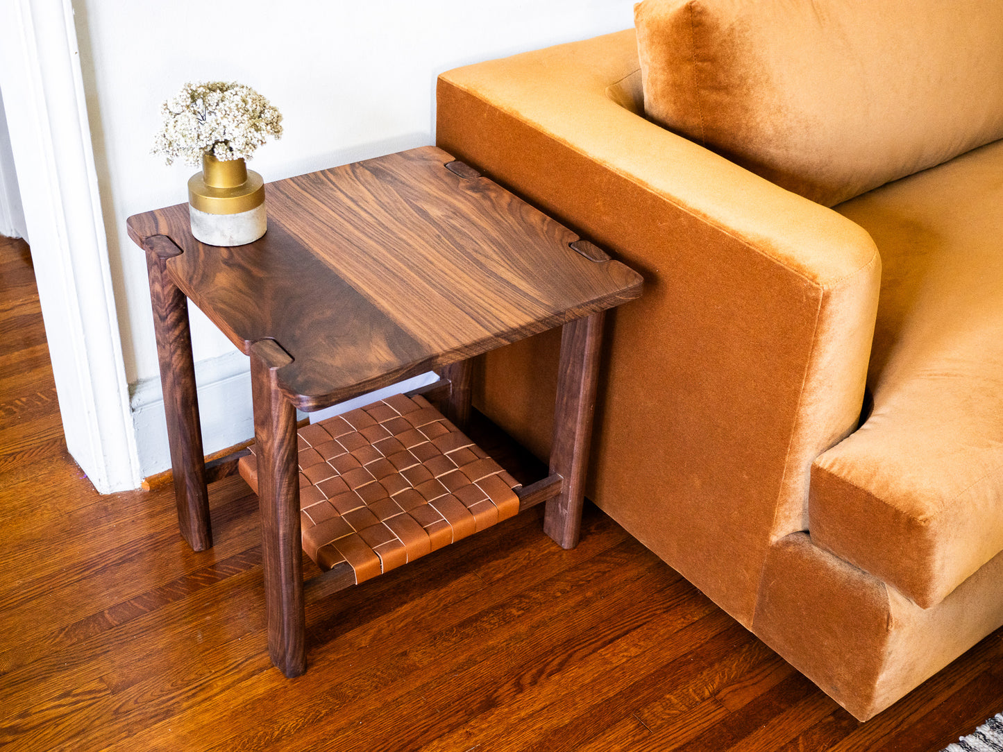 The Milli End Table in Walnut with Leather Shelf