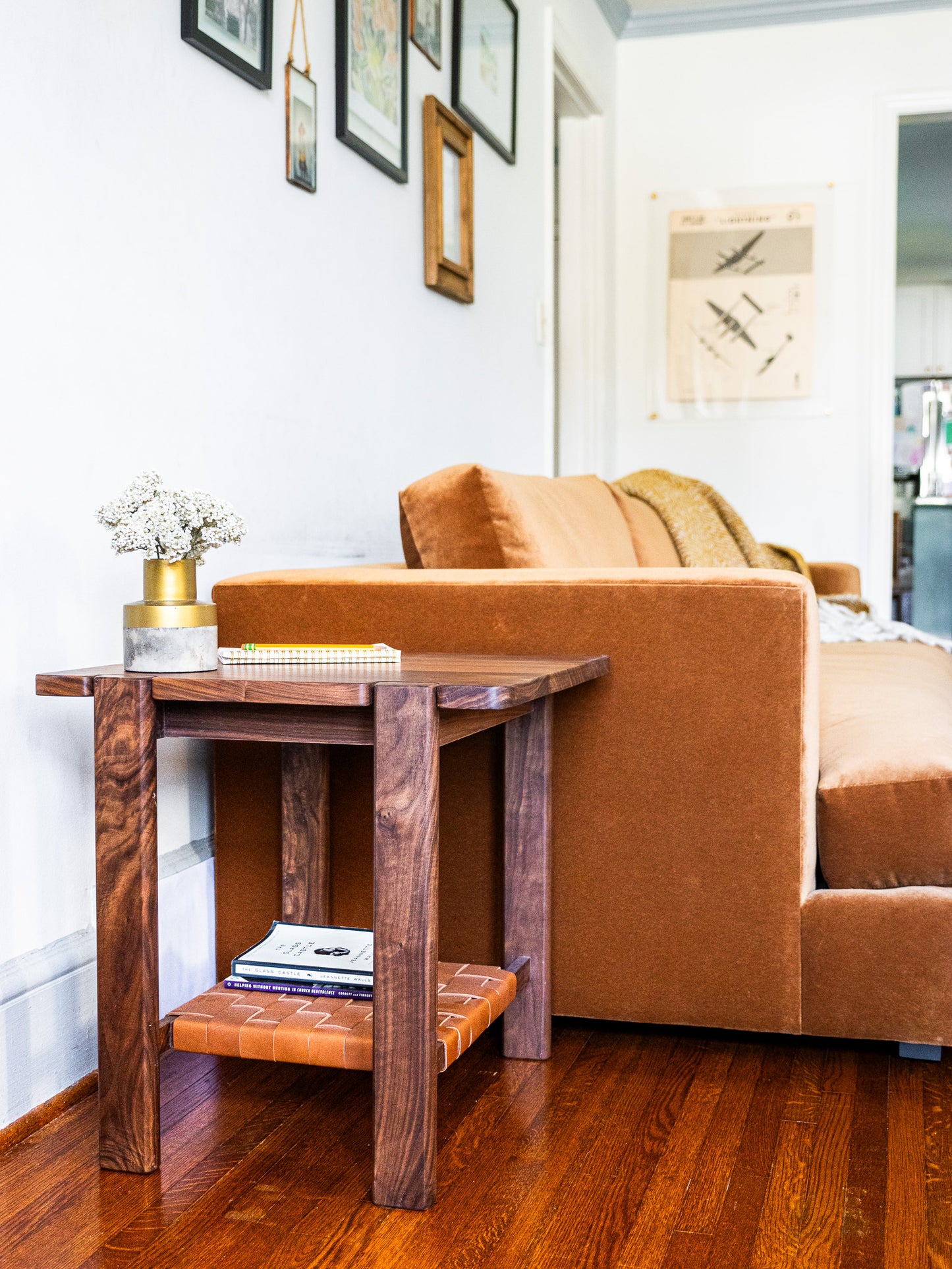 The Milli End Table in Walnut with Leather Shelf