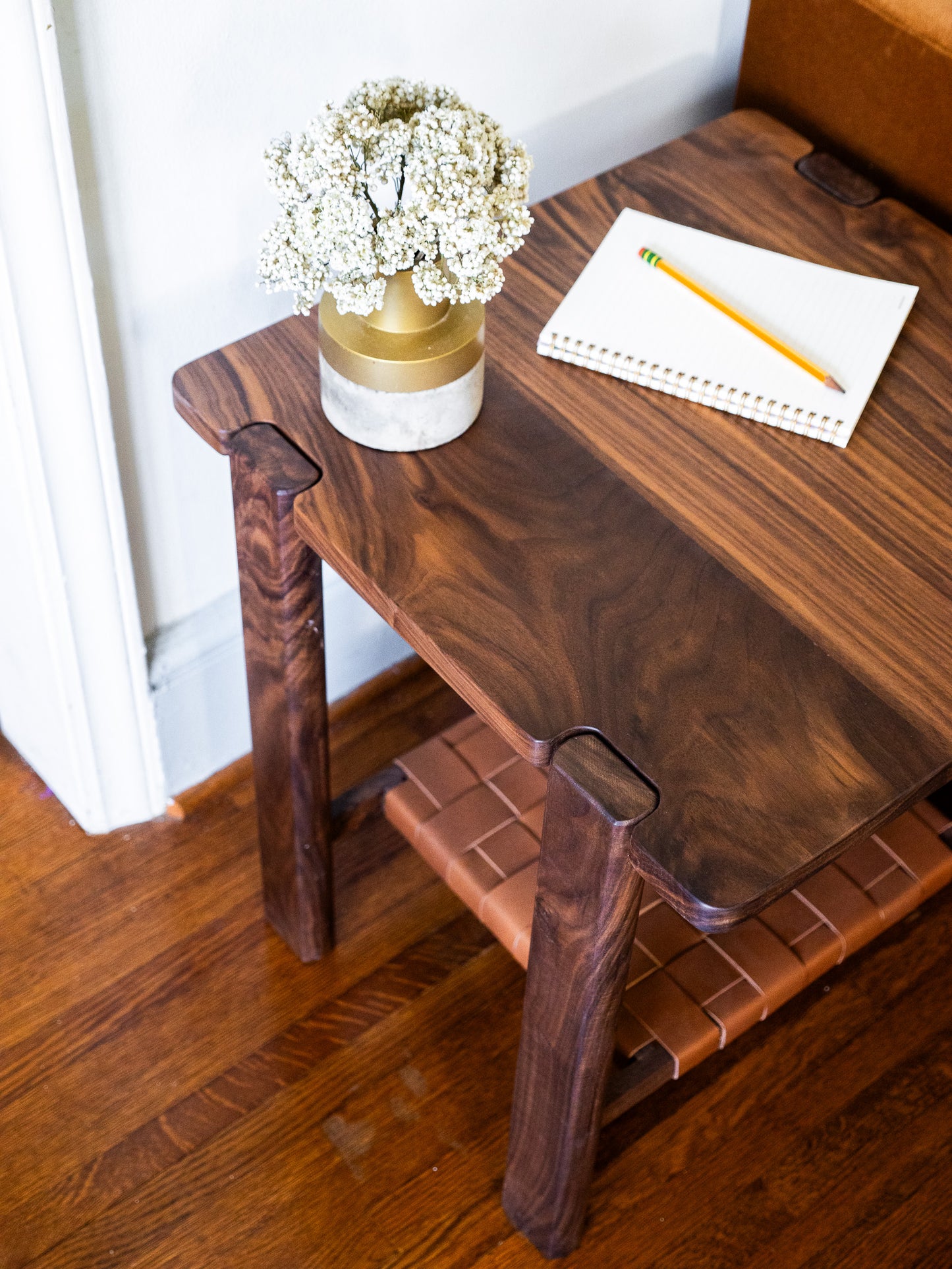 The Milli End Table in Walnut with Leather Shelf