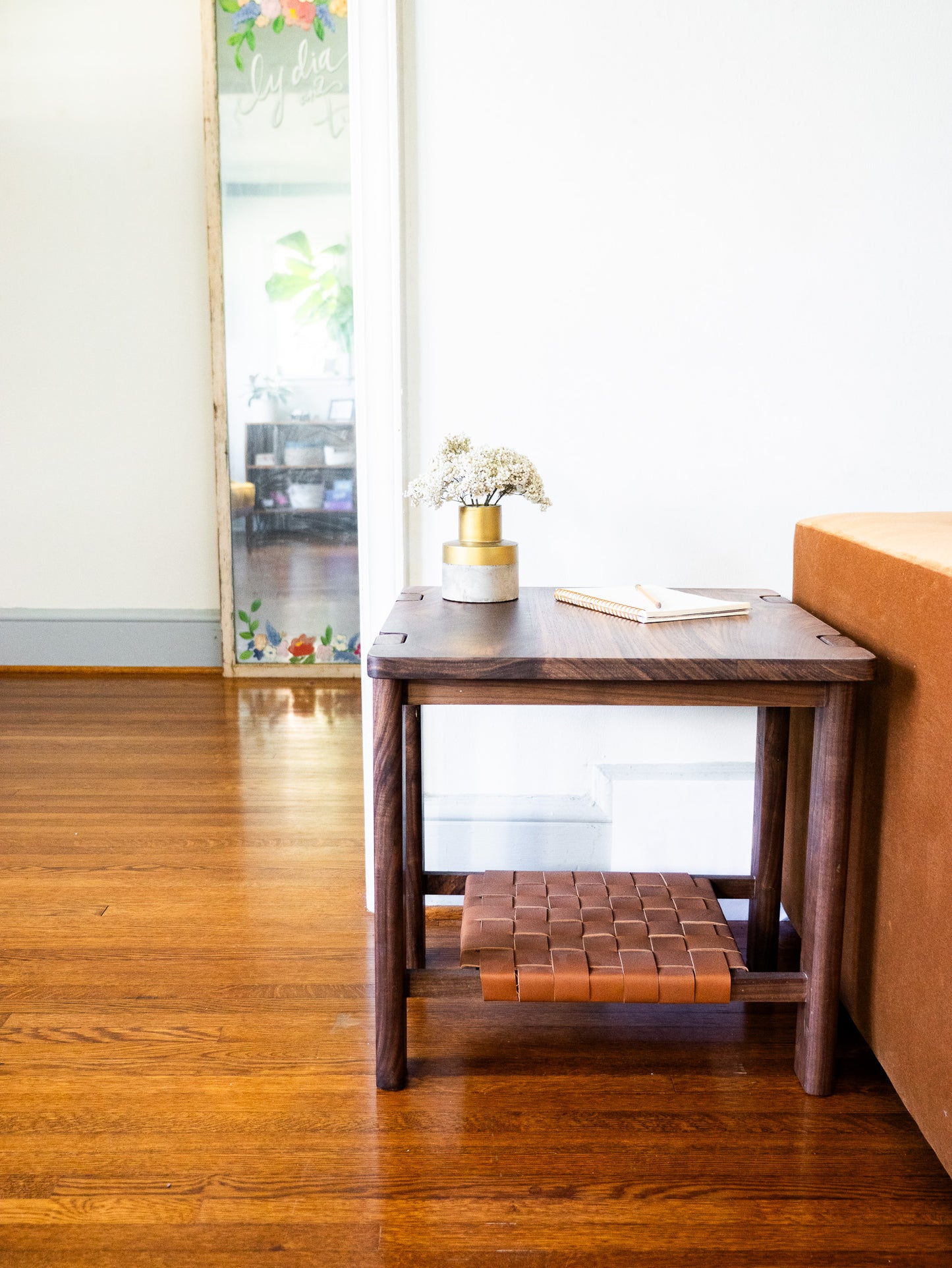 The Milli End Table in Walnut with Leather Shelf