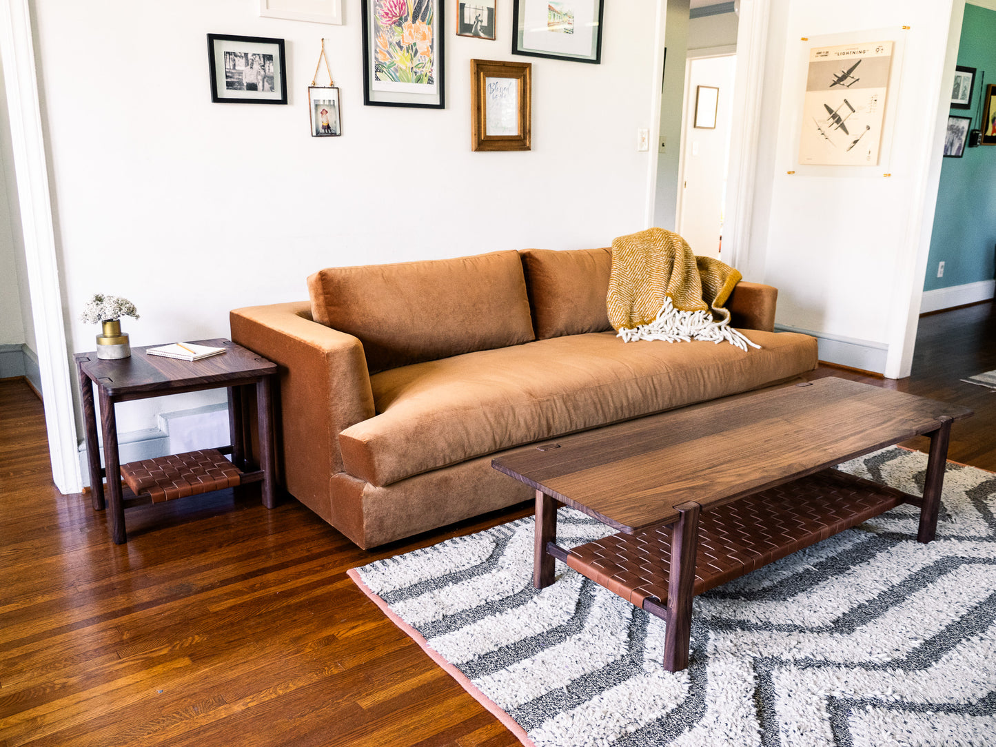 The Milli End Table in Walnut with Leather Shelf