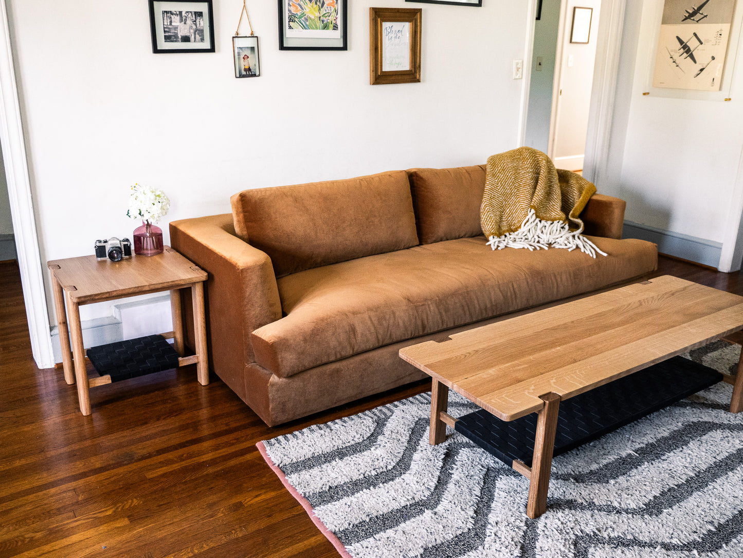 The Milli End Table in White Oak with Leather Shelf