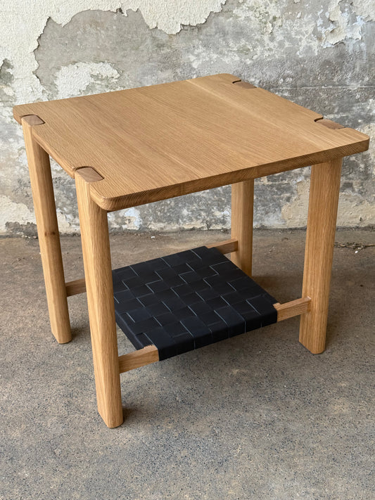 The Milli End Table in White Oak with Leather Shelf