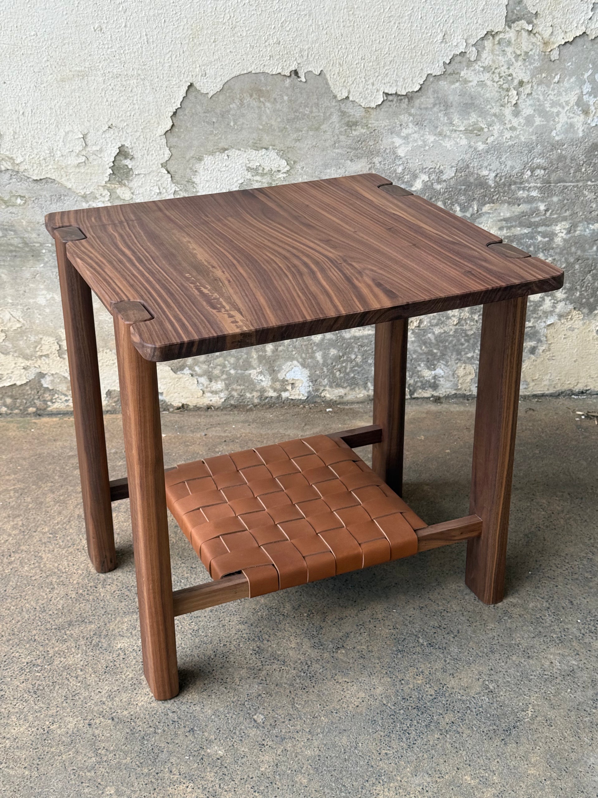 The Milli End Table in Walnut with Leather Shelf (Ready to Ship)