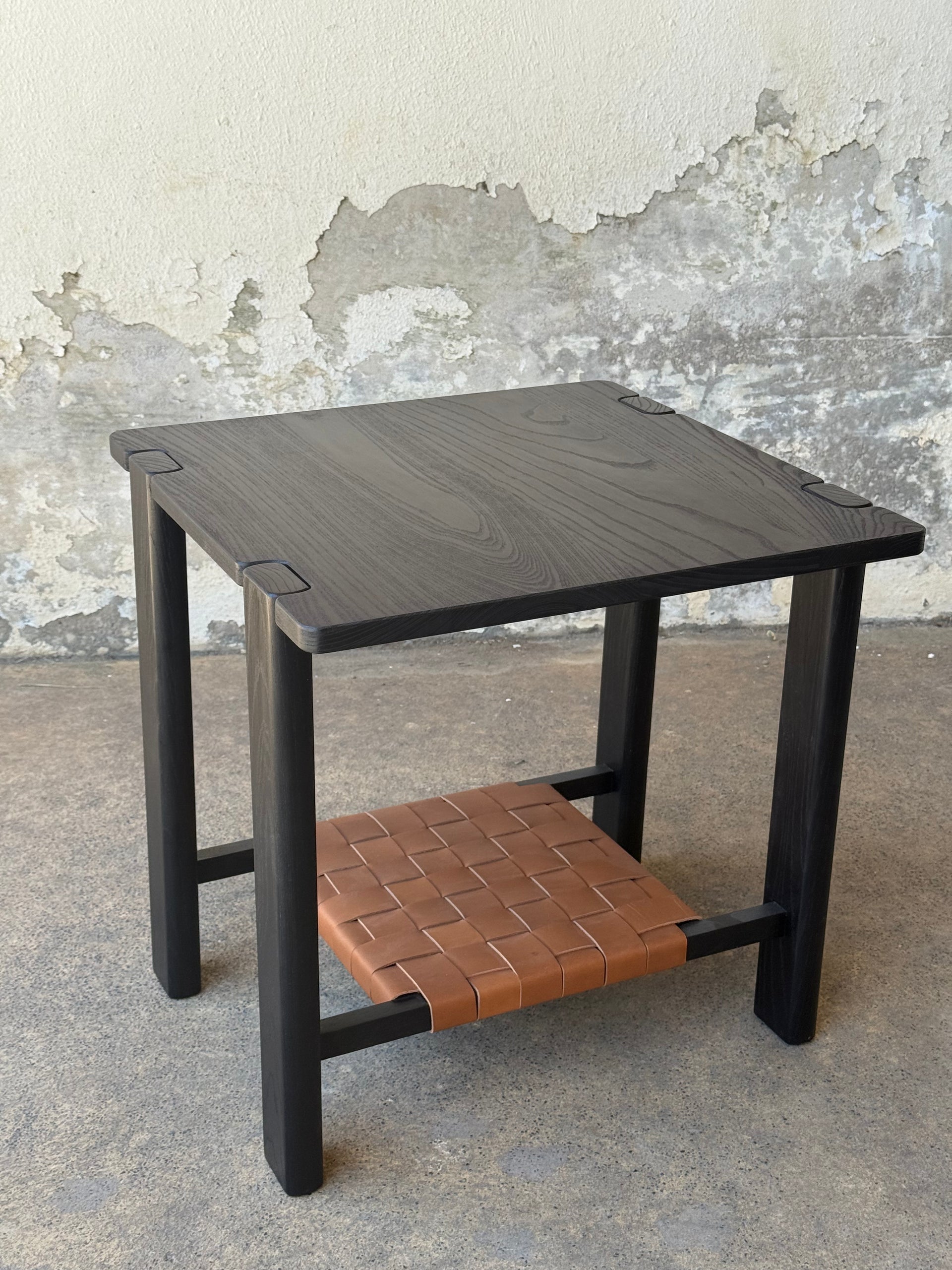 The Milli End Table in Ebonized Ash with Leather Lower Shelf (Ready to Ship)