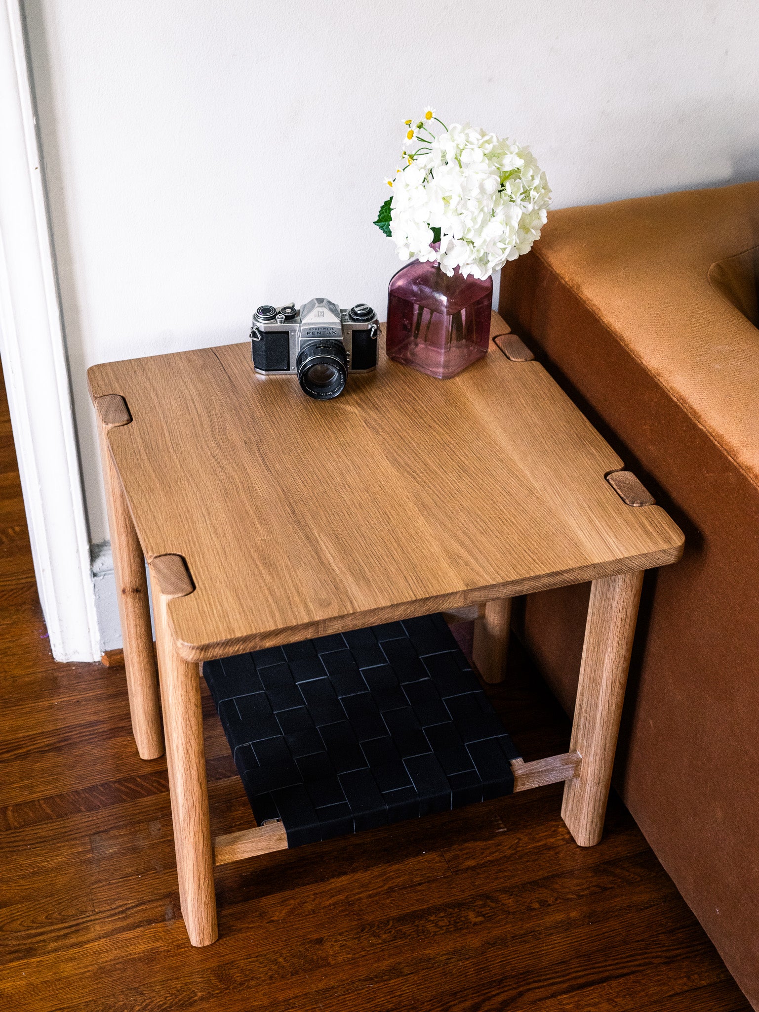 The Milli End Table in White Oak with Leather Shelf